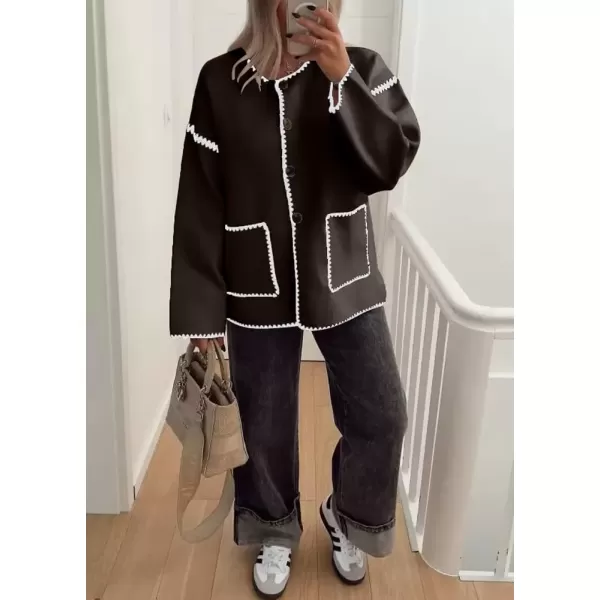 imagechouyatou Womens Cute Embroidered Wool Jacket Button Down Casual Fall Winter Wool CoatBrown