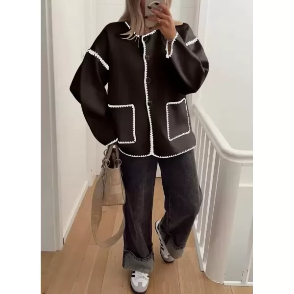 imagechouyatou Womens Cute Embroidered Wool Jacket Button Down Casual Fall Winter Wool CoatBrown