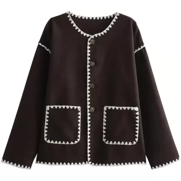 imagechouyatou Womens Cute Embroidered Wool Jacket Button Down Casual Fall Winter Wool CoatBrown