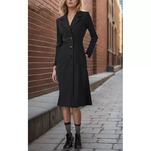 imagechouyatou Womens Elegant Button Down Winter Wool Coat Fit and Flare Long Dressy Trench CoatBlack