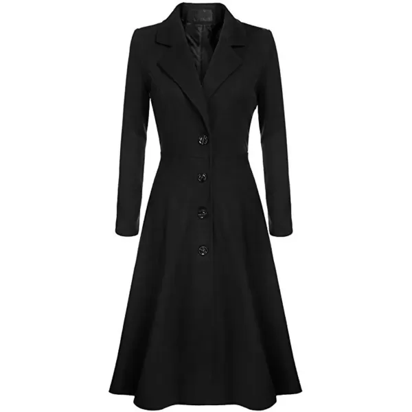 imagechouyatou Womens Elegant Button Down Winter Wool Coat Fit and Flare Long Dressy Trench CoatBlack