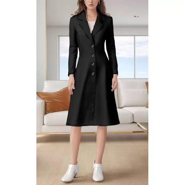 imagechouyatou Womens Elegant Button Down Winter Wool Coat Fit and Flare Long Dressy Trench CoatBlack