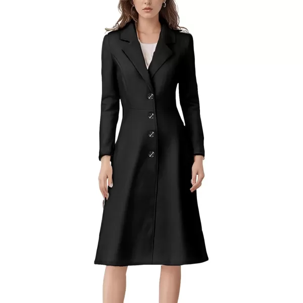 imagechouyatou Womens Elegant Button Down Winter Wool Coat Fit and Flare Long Dressy Trench CoatBlack
