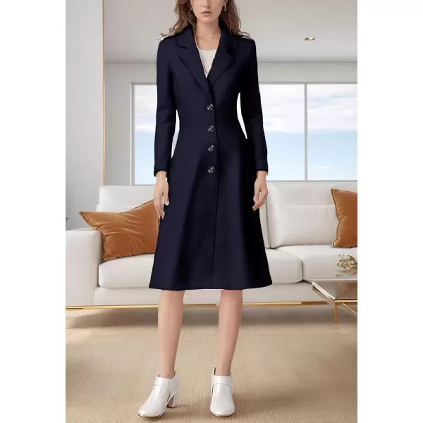 imagechouyatou Womens Elegant Button Down Winter Wool Coat Fit and Flare Long Dressy Trench CoatNavy Blue