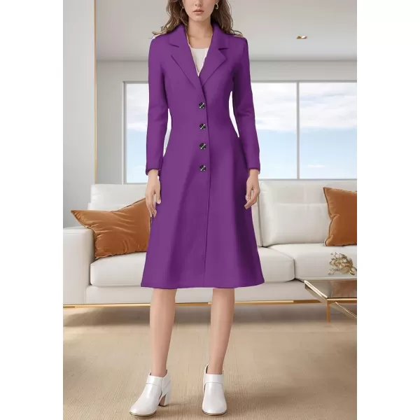 imagechouyatou Womens Elegant Button Down Winter Wool Coat Fit and Flare Long Dressy Trench CoatPurple