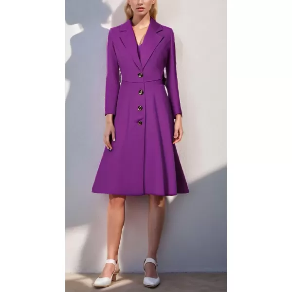 imagechouyatou Womens Elegant Button Down Winter Wool Coat Fit and Flare Long Dressy Trench CoatPurple