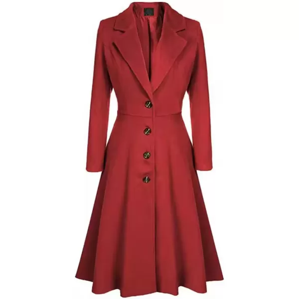 imagechouyatou Womens Elegant Button Down Winter Wool Coat Fit and Flare Long Dressy Trench CoatRed