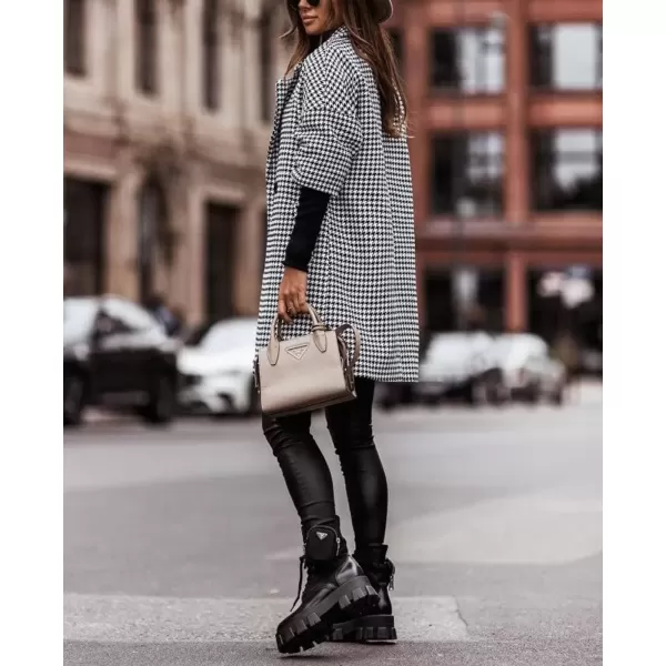 imagechouyatou Womens Elegant Houndstooth Plaid Wool Coat 34 Sleeve Double Breasted Wool Blend Pea CoatBlack