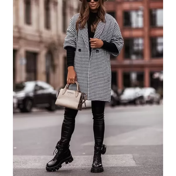 imagechouyatou Womens Elegant Houndstooth Plaid Wool Coat 34 Sleeve Double Breasted Wool Blend Pea CoatBlack