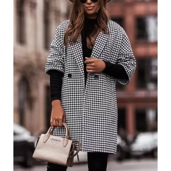 imagechouyatou Womens Elegant Houndstooth Plaid Wool Coat 34 Sleeve Double Breasted Wool Blend Pea CoatBlack
