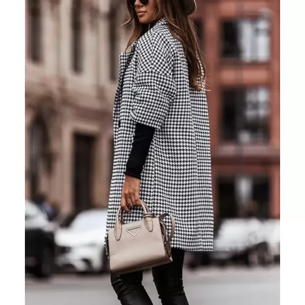 imagechouyatou Womens Elegant Houndstooth Plaid Wool Coat 34 Sleeve Double Breasted Wool Blend Pea CoatBlack