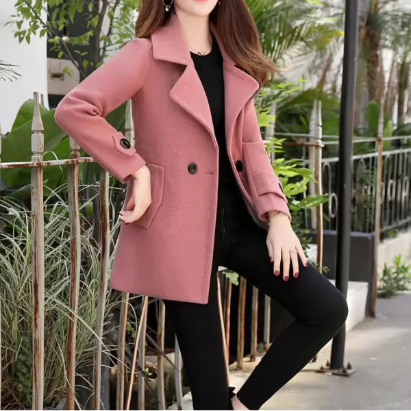 imagechouyatou Womens Fall Winter Casual Business Work Wool Blend Coat Double Breasted Dressy Blazer Pea CoatPink
