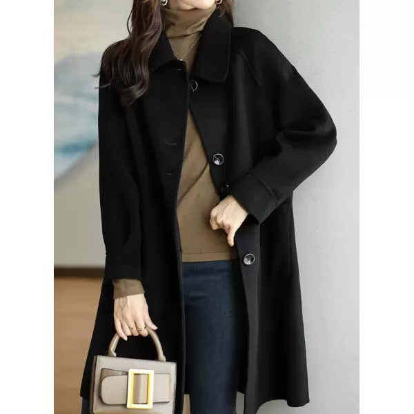 imagechouyatou Womens Single Breasted Wool Coat Business Office Work Long Winter Pea Coat with PocketsBlack