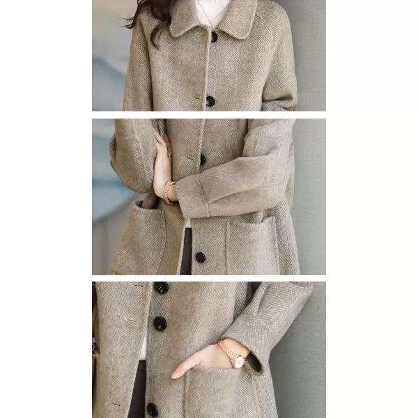 imagechouyatou Womens Single Breasted Wool Coat Business Office Work Long Winter Pea Coat with PocketsKhaki