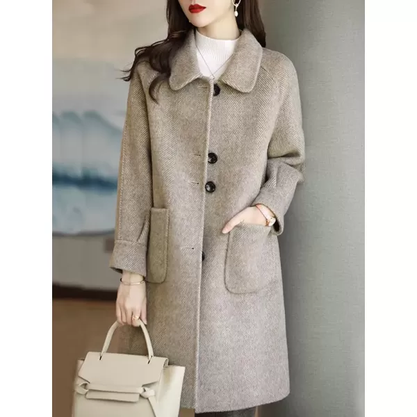 imagechouyatou Womens Single Breasted Wool Coat Business Office Work Long Winter Pea Coat with PocketsKhaki
