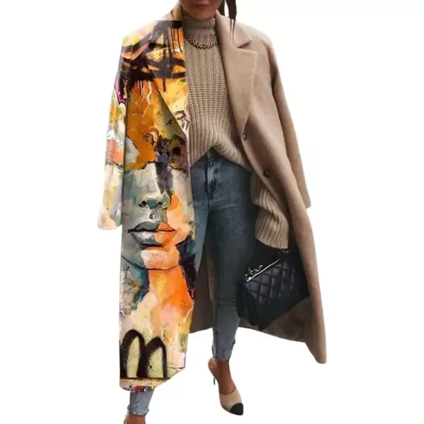 imagechouyatou Womens Vintage Graffiti Print Single Breasted Wool Coat Color Block Graphic Wool Blend Long Trench CoatKhaki