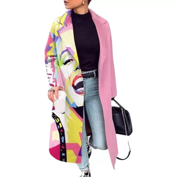 imagechouyatou Womens Vintage Graffiti Print Single Breasted Wool Coat Color Block Graphic Wool Blend Long Trench CoatPink