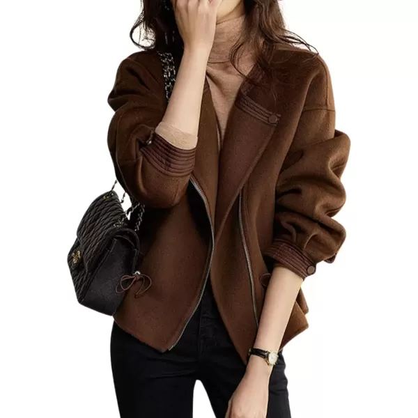 imagechouyatou Womens Waist Drawstring Cropped Wool Coat Zip Up Open Front Blazer Jacket Short Trench CoatBrown