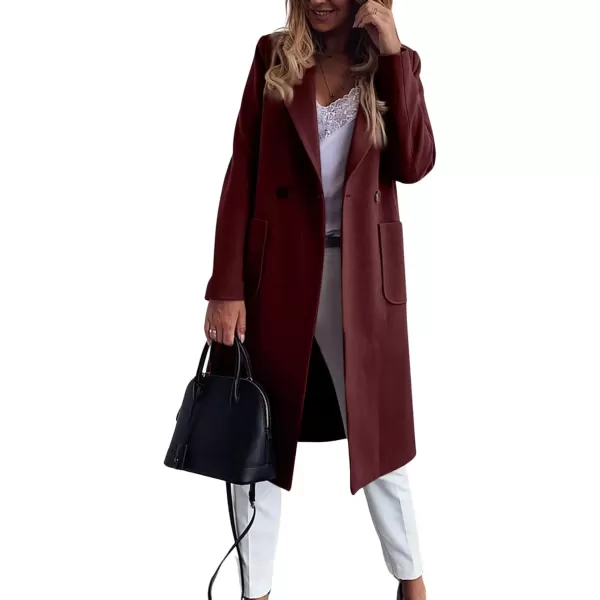 imagechouyatou Womens Double Breasted Winter Wool Pea Coat Midi Long Warm Wool Blend Trench CoatWine Red