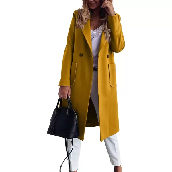 imagechouyatou Womens Double Breasted Winter Wool Pea Coat Midi Long Warm Wool Blend Trench CoatYellow