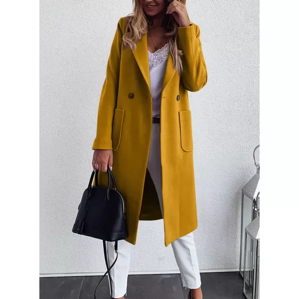 imagechouyatou Womens Double Breasted Winter Wool Pea Coat Midi Long Warm Wool Blend Trench CoatYellow