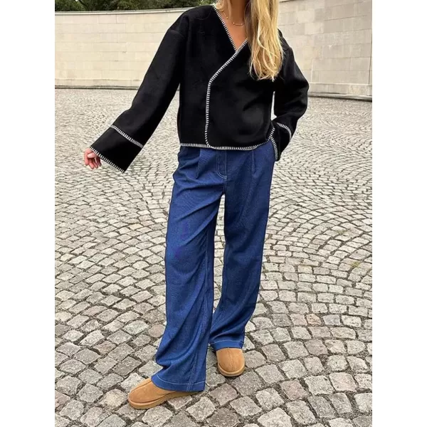 imagechouyatou Womens Fall Embroidered Wool Jacket Casual Loose VNeck Winter Wrap Wool CoatBlack