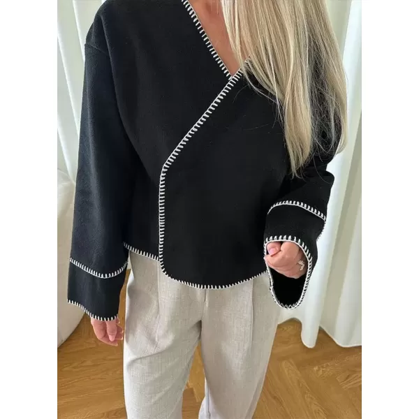 imagechouyatou Womens Fall Embroidered Wool Jacket Casual Loose VNeck Winter Wrap Wool CoatBlack