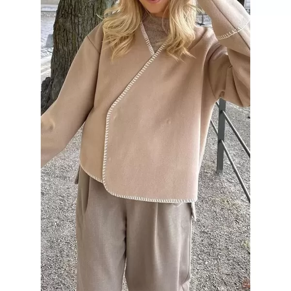 imagechouyatou Womens Fall Embroidered Wool Jacket Casual Loose VNeck Winter Wrap Wool CoatKhaki