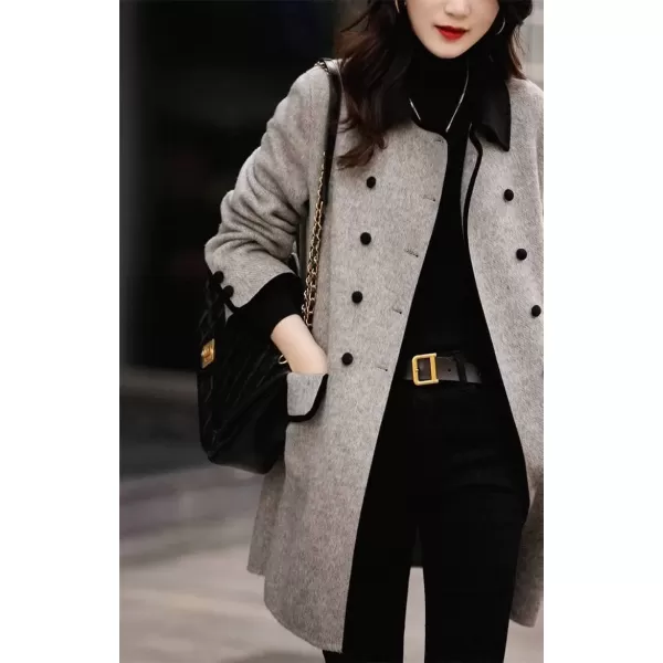 imagechouyatou Womens Fall Winter Double Breasted Contrast Lapel Collar Office Work Long Wool Pea Coat OvercoatGray