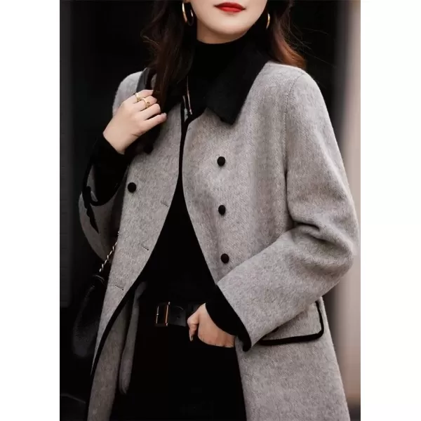 imagechouyatou Womens Fall Winter Double Breasted Contrast Lapel Collar Office Work Long Wool Pea Coat OvercoatGray