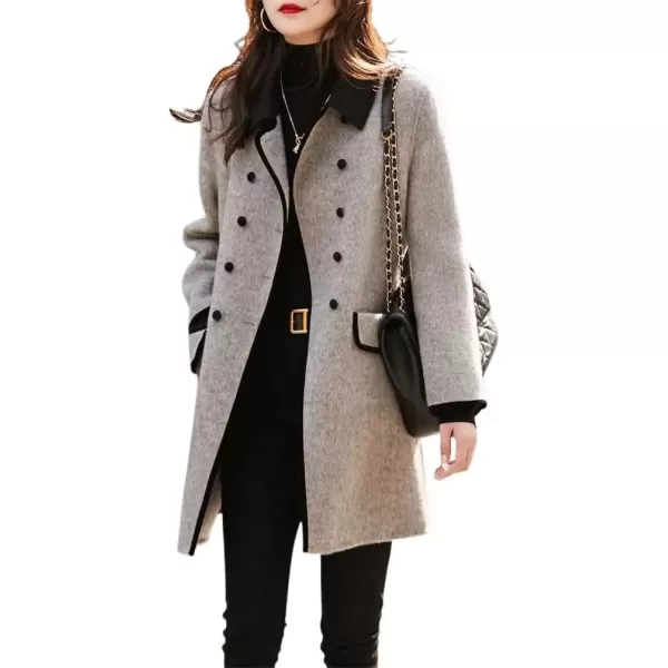 imagechouyatou Womens Fall Winter Double Breasted Contrast Lapel Collar Office Work Long Wool Pea Coat OvercoatGray