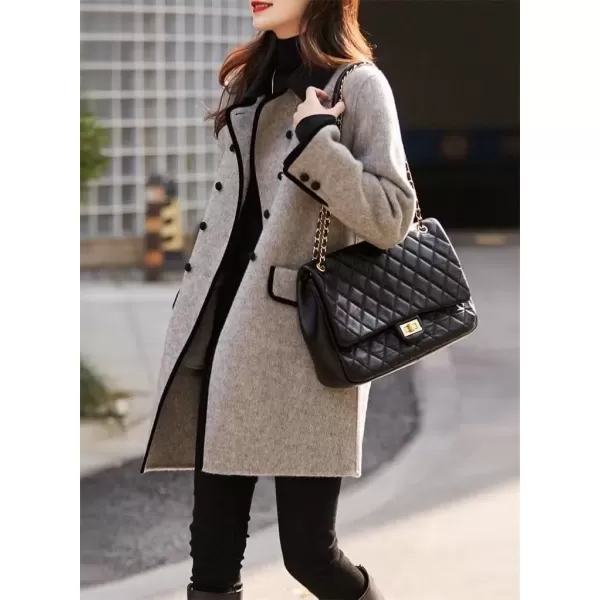 imagechouyatou Womens Fall Winter Double Breasted Contrast Lapel Collar Office Work Long Wool Pea Coat OvercoatGray