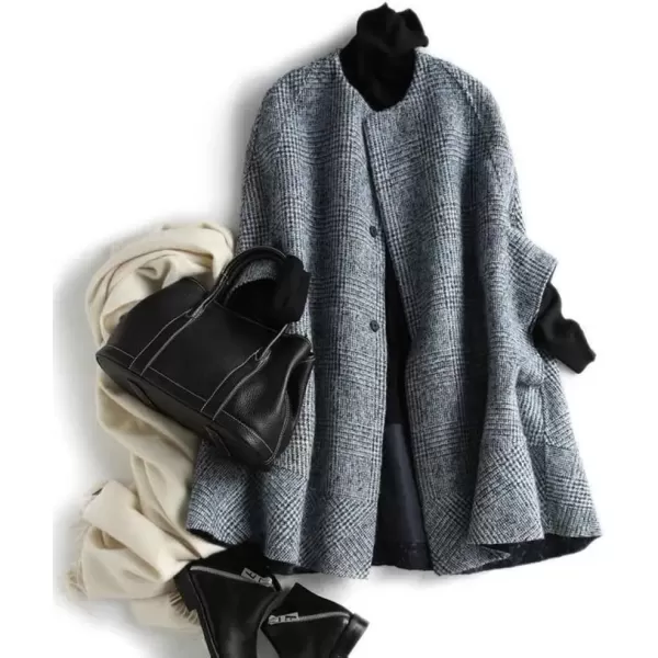 imagechouyatou Womens Winter Collarless 34 Sleeve Capel Wool Coat Single Breasted Plaid Cloak Coat PonchoGrey