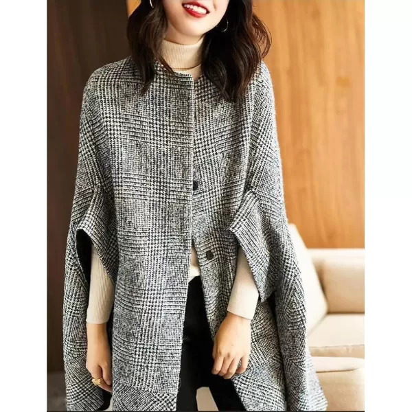 imagechouyatou Womens Winter Collarless 34 Sleeve Capel Wool Coat Single Breasted Plaid Cloak Coat PonchoGrey