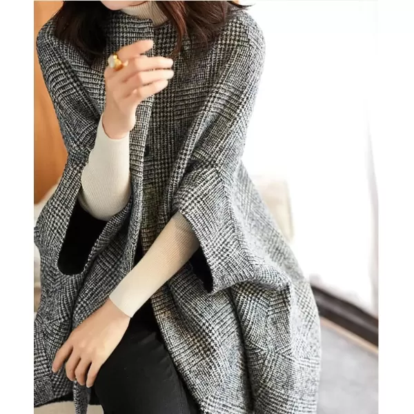imagechouyatou Womens Winter Collarless 34 Sleeve Capel Wool Coat Single Breasted Plaid Cloak Coat PonchoGrey