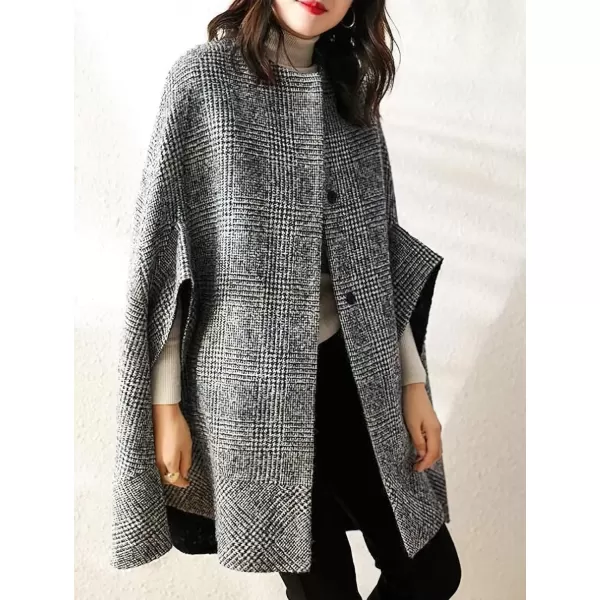 imagechouyatou Womens Winter Collarless 34 Sleeve Capel Wool Coat Single Breasted Plaid Cloak Coat PonchoGrey