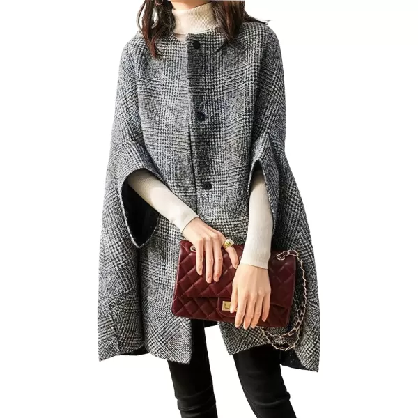 imagechouyatou Womens Winter Collarless 34 Sleeve Capel Wool Coat Single Breasted Plaid Cloak Coat PonchoGrey