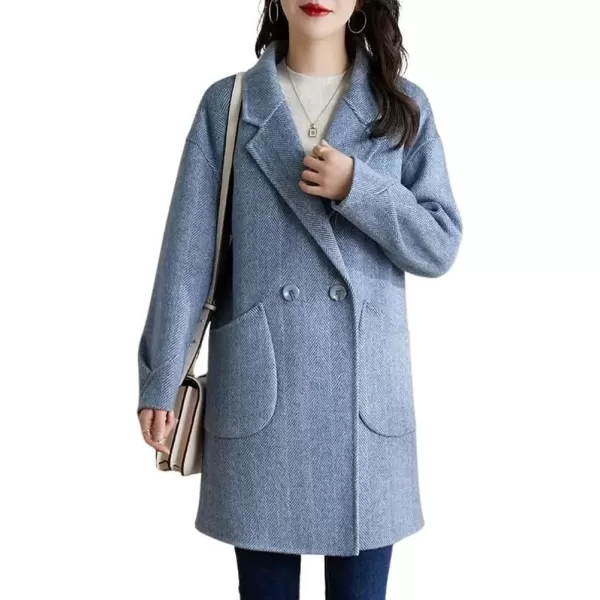 imagechouyatou Womens Winter Double Breasted Wool Coat Notch Lapel Business Midi Long Trench CoatBlue