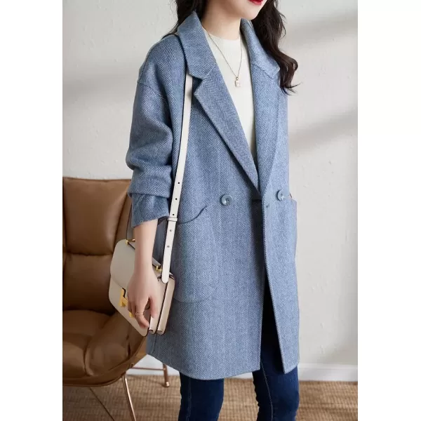 imagechouyatou Womens Winter Double Breasted Wool Coat Notch Lapel Business Midi Long Trench CoatBlue