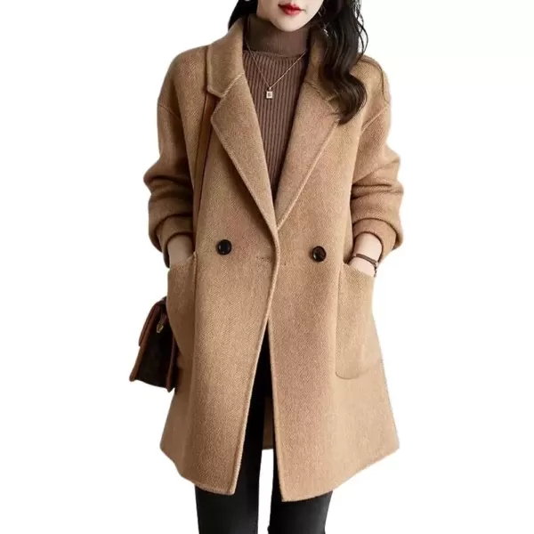 imagechouyatou Womens Winter Double Breasted Wool Coat Notch Lapel Business Midi Long Trench CoatCamel