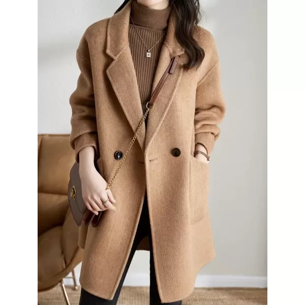 imagechouyatou Womens Winter Double Breasted Wool Coat Notch Lapel Business Midi Long Trench CoatCamel