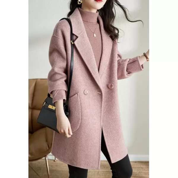 imagechouyatou Womens Winter Double Breasted Wool Coat Notch Lapel Business Midi Long Trench CoatPink