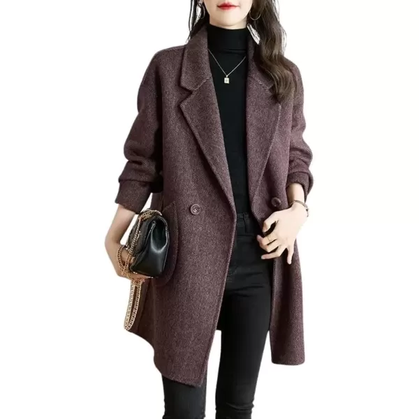 imagechouyatou Womens Winter Double Breasted Wool Coat Notch Lapel Business Midi Long Trench CoatPurple
