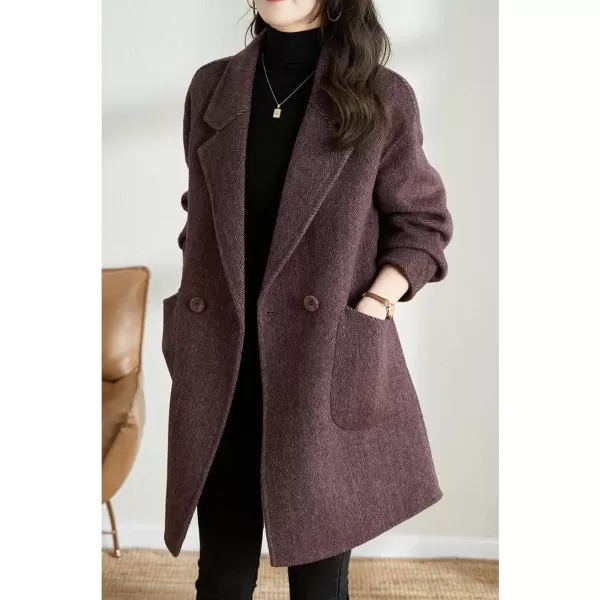 imagechouyatou Womens Winter Double Breasted Wool Coat Notch Lapel Business Midi Long Trench CoatPurple
