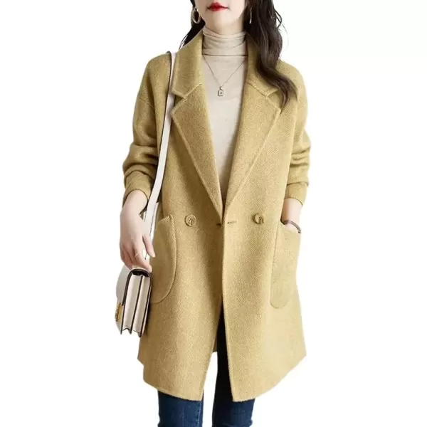 imagechouyatou Womens Winter Double Breasted Wool Coat Notch Lapel Business Midi Long Trench CoatYellow