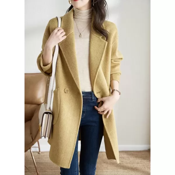 imagechouyatou Womens Winter Double Breasted Wool Coat Notch Lapel Business Midi Long Trench CoatYellow