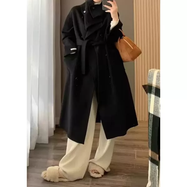 imagechouyatou Womens Winter Double Breasted Wool Coat Shawl Collar Dressy Midi Long Winter Trench CoatBlack