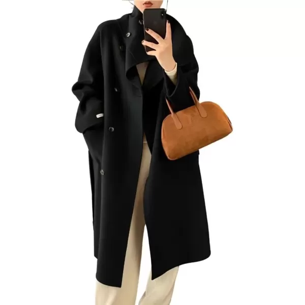 imagechouyatou Womens Winter Double Breasted Wool Coat Shawl Collar Dressy Midi Long Winter Trench CoatBlack