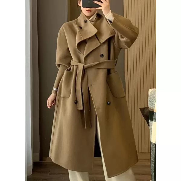 imagechouyatou Womens Winter Double Breasted Wool Coat Shawl Collar Dressy Midi Long Winter Trench CoatKhaki