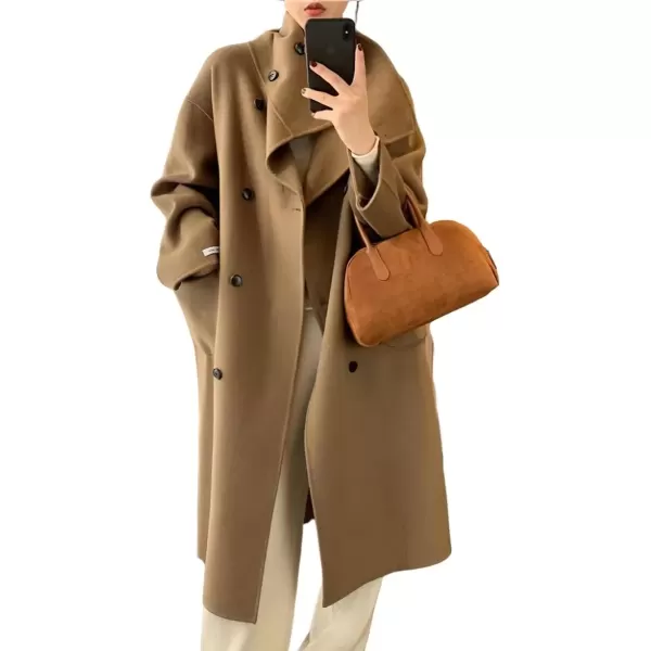 imagechouyatou Womens Winter Double Breasted Wool Coat Shawl Collar Dressy Midi Long Winter Trench CoatKhaki